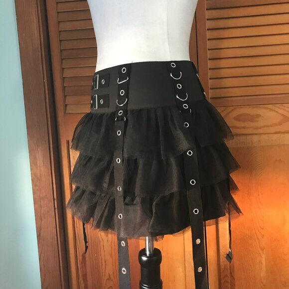 Goth Punk Visual Kei Black Buckle & Strap Ruffle Mini Skirt S - Picture 7 of 11